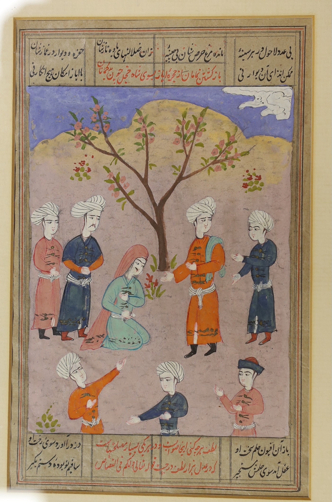 Indian School, gouache on paper, Figures in a garden, overall 20 x 12cm, a similar unframed print and a mica picture of a Prince on horseback, 26 x 29cm (3)